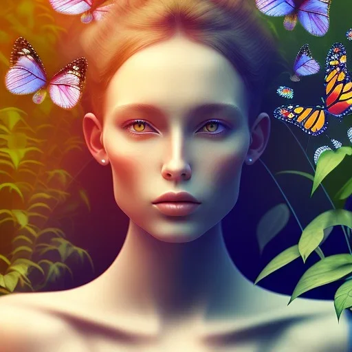 Generates high quality portraits of women covered in various plants, surrounded by forest and butterflies.