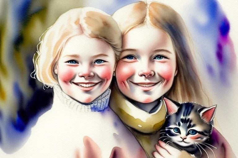 A cute smiling Norwegian girl is holding a kitten. Watercolour