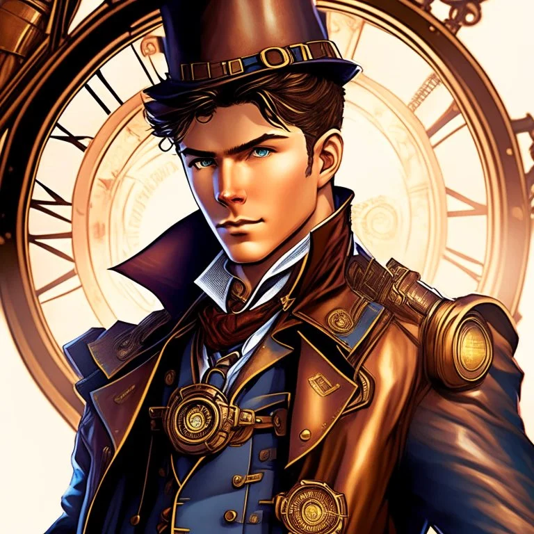 Ilustración de hombre jóven Steampunk con traje estilo cómic