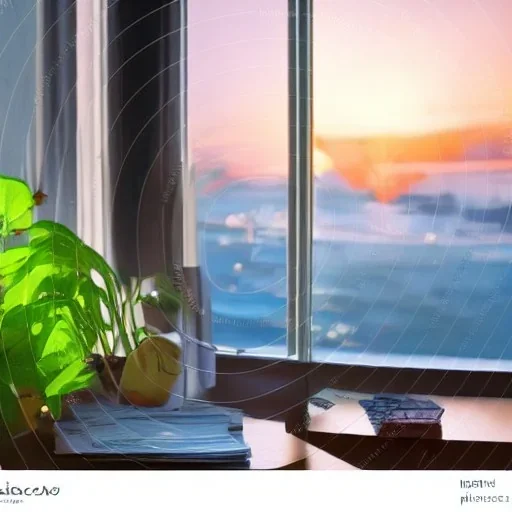  table lush house plant looking out of a window to a crowded city with many textbooks on the table japan sunrise computer with homework on it