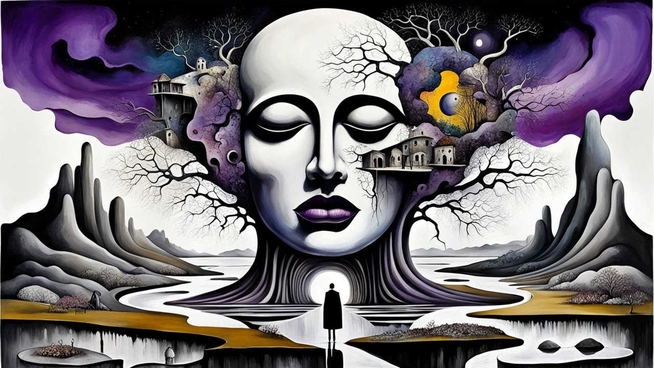 painted inner world with uncontrolled mind and soul, in midle a big head statue on floating island over surreal cracked painted weird empty land with some black doors. very dark purple, gray, black, white, brown. Whimsical style of Chagall , of Minjae Lee and René Magritte, lonely face with absurd beauty. broken, weird absurd nightmare, labirynth, dark vision, in background big neuron network and stars , surreal vibe