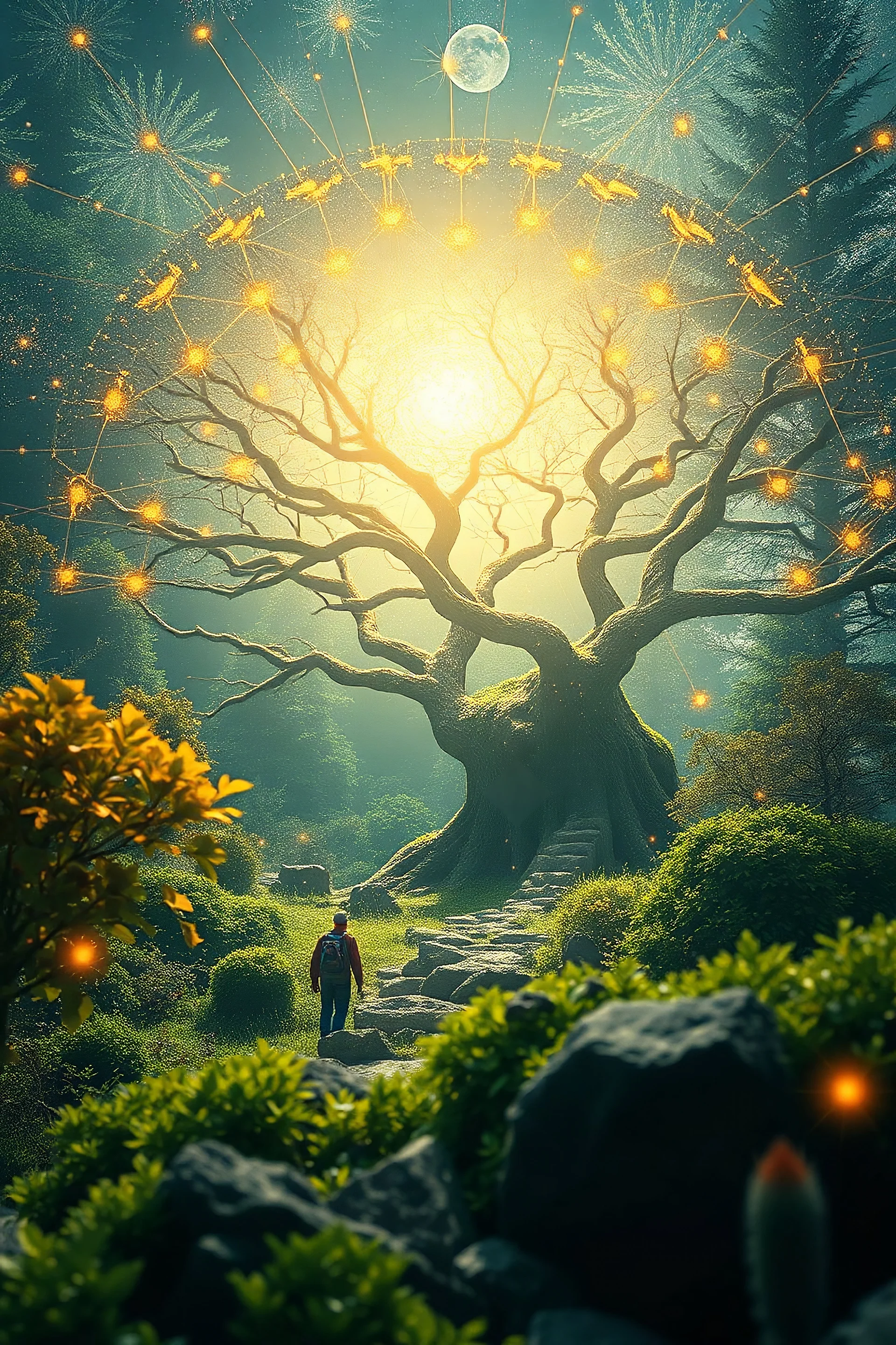 beautiful world of digital future, neural network, journey into the healing power of nature, photorealistic, perfect composition, cinematic shot, intricate details, hyperdetail