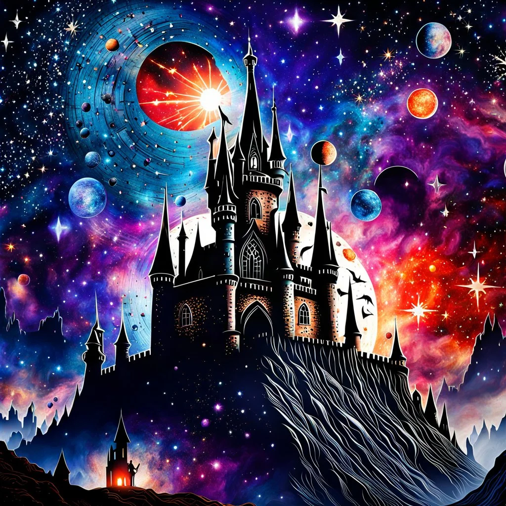 Detailed creepy castle, stars, galaxy and planets, sun, naïve, strong texture, extreme detail, Max Ernst, decal, rich moody colors, sparkles, Harry Potter style