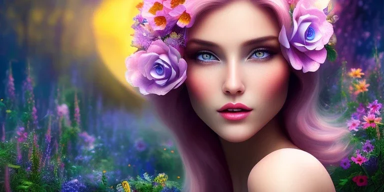 bright fairy, beautiful portrait, flowery landscape