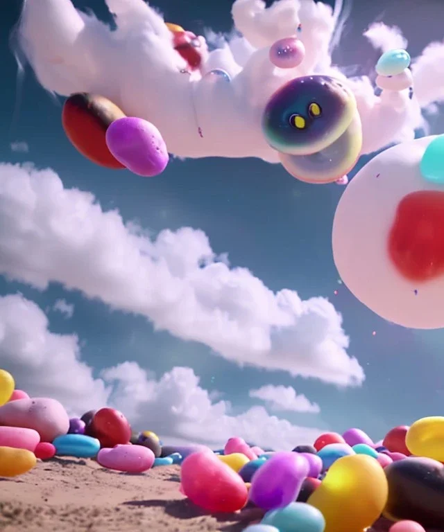 Ultra realistic speed clouds sky scene, wide angle view, sweet childs falling down, inflatable color clothing, free jumping flying, many trinkets, hair monster, many jelly beans, balls, color smoke, smile, happy, circus style, extreme, wind, clouds sea, 20,000 feet altitude, stratosphere, soft color, highly detailed, unreal engine 5, ray tracing, RTX, lumen lighting, ultra detail, volumetric lighting, 3d, finely drawn, high definition, high resolution.