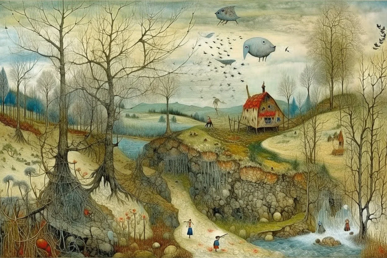 Richly textured Hieronymus Bosch, Catrin Welz-Stein, William Turner, Zdzisław Beksiński, Jacek Yerka oil on canvas zentangle line art style mix, surreal frosted fantasyland winter oceanscape, hoarfrost on trees, high grasses, snow and cottages, withered flowers, pale sunrise; paint splatter, beautiful vibrant colors, reflections, SK, flying seagulls, dramatic clouds, snowfall.