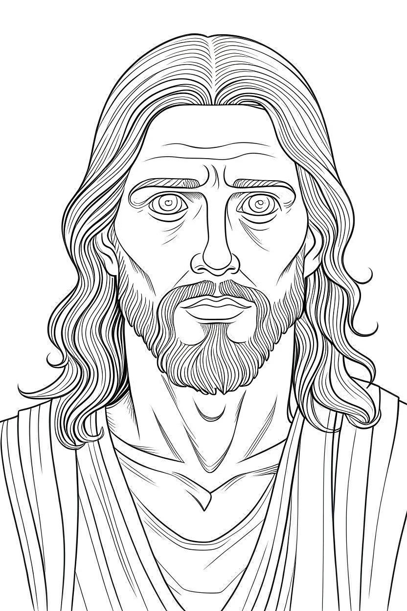 Jesus, realistic, each unique, full view, only draw lines, clean line art, –no sketch, white background, minimalistic black lines, minimal black color, coloring page, thin black line art, perfect shape, perfect clear lines,