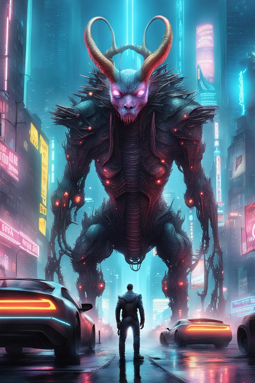 cities of the future cyberpunk in the monster stands on its hind legs