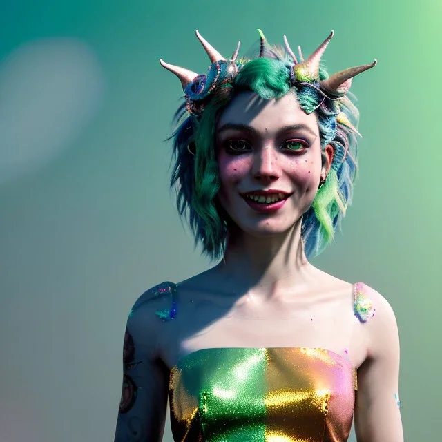 Ultra Realistic photo, medium shot view, drunken sweet dancer irish woman, carnival scene, monster hair, steampunk style. Green hair, confeti, smile, happy, festival, ovnis, gradient color fog. highly detailed, concept art, unreal engine 5, ray tracing, RTX, lumen lighting, ultra detail, volumetric lighting, 3d, finely drawn, high definition, high resolution.