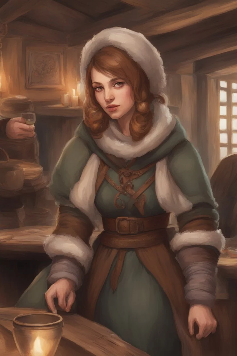 DnD style, medieval woman dressed in warm winter clothes sitting in a tavern