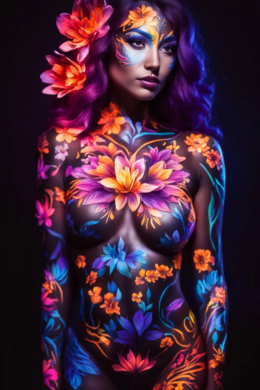 Beautiful woman with body painting art flowers neons glowing light in the dark and colorful details