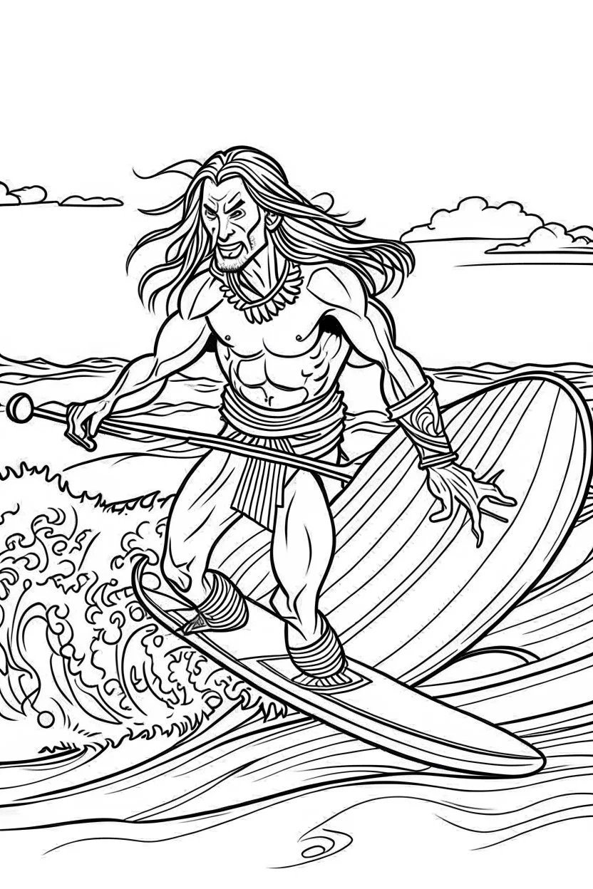 Outline art for coloring page OF A BUFF NATIVE SURFER WITH HIS FACE COVERED BY HIS LONG HAIR WEARING SHORTS RIDING A SURFBOARD ON A WAVE, coloring page, white background, Sketch style, only use outline, clean line art, white background, no shadows, no shading, no color, clear