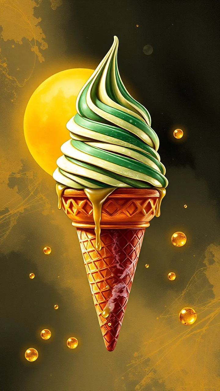 art create a 4k image of fof ice cream cone in it an illustration in the style of Luis Royo, large droplets of viscous syrupy fluid, burnished jade, planet earth in crystal shape with the golden sun and crystal background with golden yellow, ink black