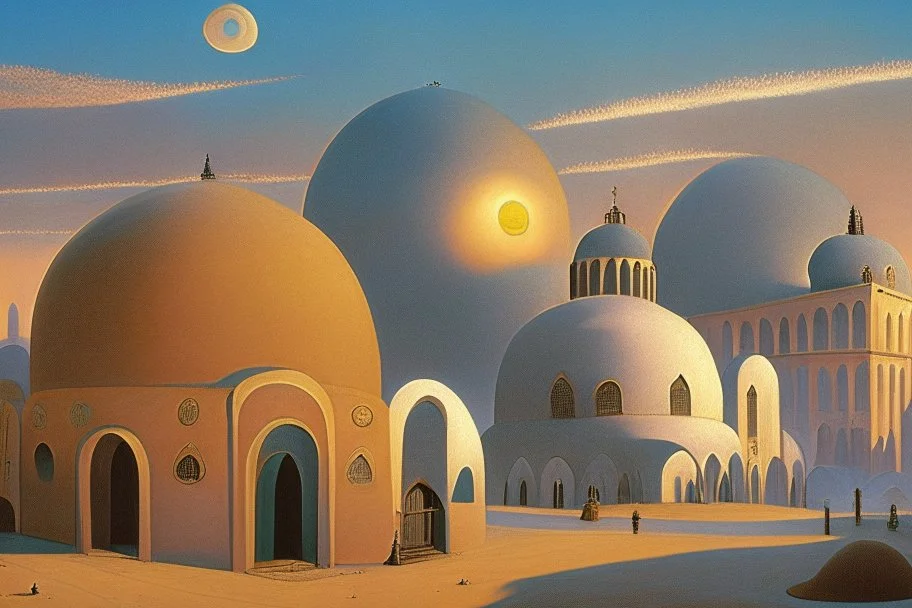 A surreal town with arches and domes, clouds and with long shadows by artist "Berndnaut" and "Leonora Carrington" and "de Chirico" at sunset