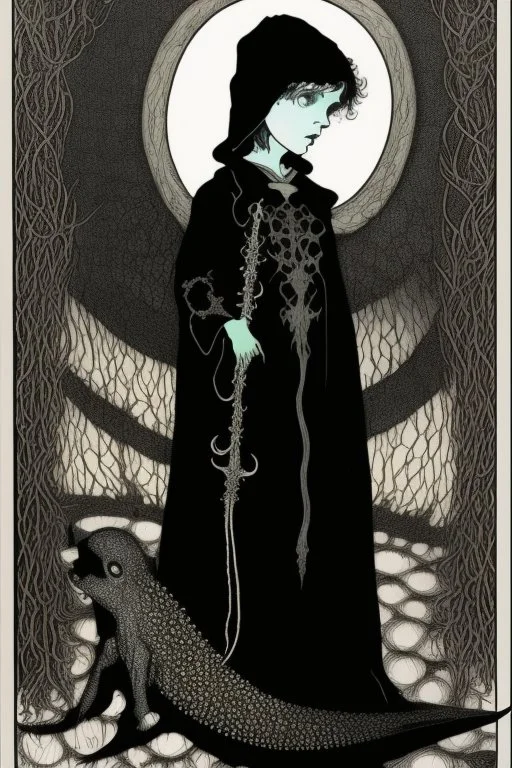 7 year old boy, necromancer, friendly, looks dead,with a long lamprey emerging from his belly , wearing black robes, in the style of Harry Clarke