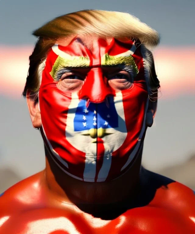 Realistic image of Donald trump wrestler, Mexican wrestling style, Mexican wrestling mask, chin and nose visibles, red and blue breeches, glow us flag dress, suspenders, retro style, 80s, vibrant color, highly detailed, sky background, concept art, unreal engine 5, god rays, ray tracing, RTX, lumen lighting, ultra detail, volumetric lighting, 3d, finely drawn, high definition, high resolution.