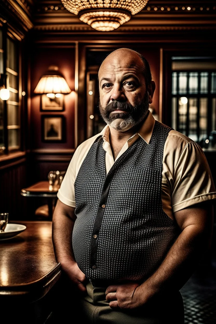 half figure shot photography of a 42 years old serious sicilian waiter in uniform, similar to Bud Spencer, shaved hair, muscular bearded chubby man with hands in the pockets, in an elegant empty restaurant, bulge, bullneck, manly chest, unshaved, short hair, photorealistic, dim light , side light, view from the ground