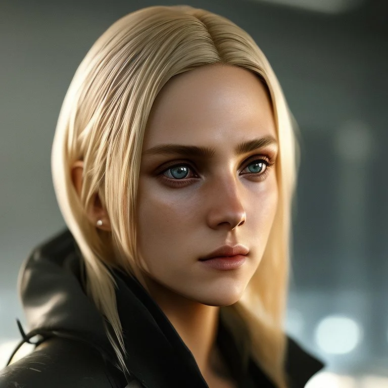 Photorealistic close-up of a beautiful blonde assassin with dystopian clothes and background