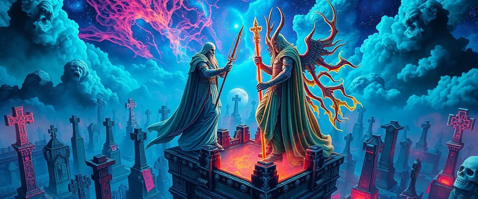 Epic portrait of most holy paladin vs demi-lich in tower cemetery in the style of Giger and Escher in Transparent Psychedelic Fluorescent Colors looking like a Record Cover, multidimensional depth of field, airbrush pen outline, on top of tower, seen from the clouds