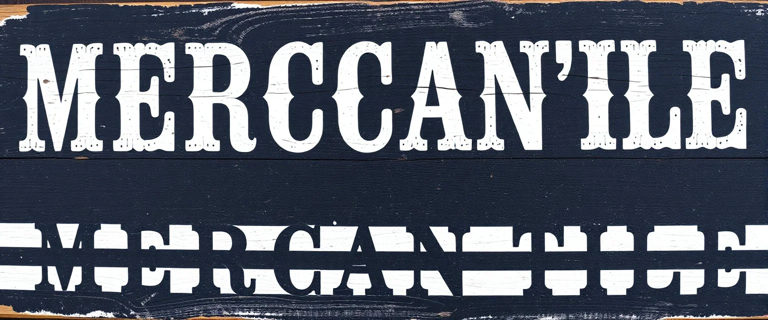 fill composition with large and wide historical hand painted old western sign that reads: "MERCANTILE" white on black with inset white stripe boarder aged paint on wood sanserif