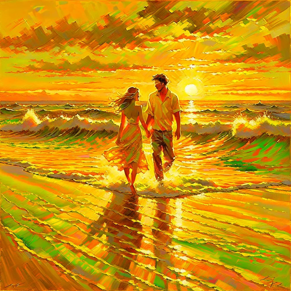 Amidst the beach's embrace, a youthful couple walks, love radiating effortlessly. Sunset's golden touch paints them, shadows intertwining. Her flowing dress mirrors the boundless sky, his gaze, pure devotion. Laughter mingles with waves, creating a symphony. A universe of affection resides in stolen glances, entwined fingers, smiles. Time pauses, their love the focal point. The world fades, leaving their profound connection aglow.