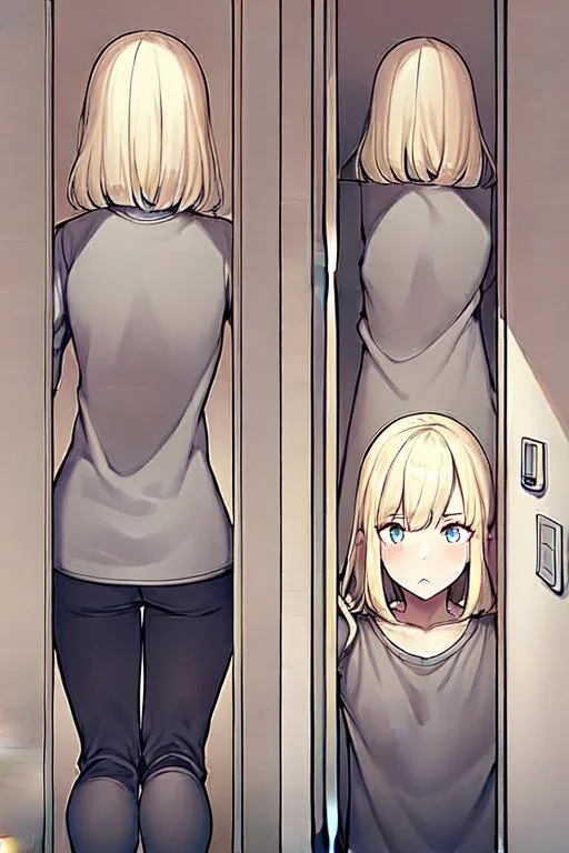 blonde girl runs in a corridor, back view, line arts, manga style