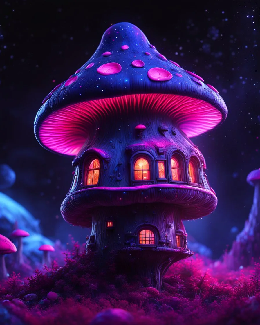 An illogical floating mushroom house on a clear moonless night. . Bright Bold Bright Colors, blue pink white, Starry Dark cosmic interstellar. Detailed Matte Painting, deep color, fantastical, intricate detail, splash screen, hyperdetailed, insane depth, concept art, 8k resolution, trending on Artstation, Unreal Engine 5, color depth, backlit, splash art, dramatic, High Quality Whimsical Fun Imaginative Bubbly, perfect composition