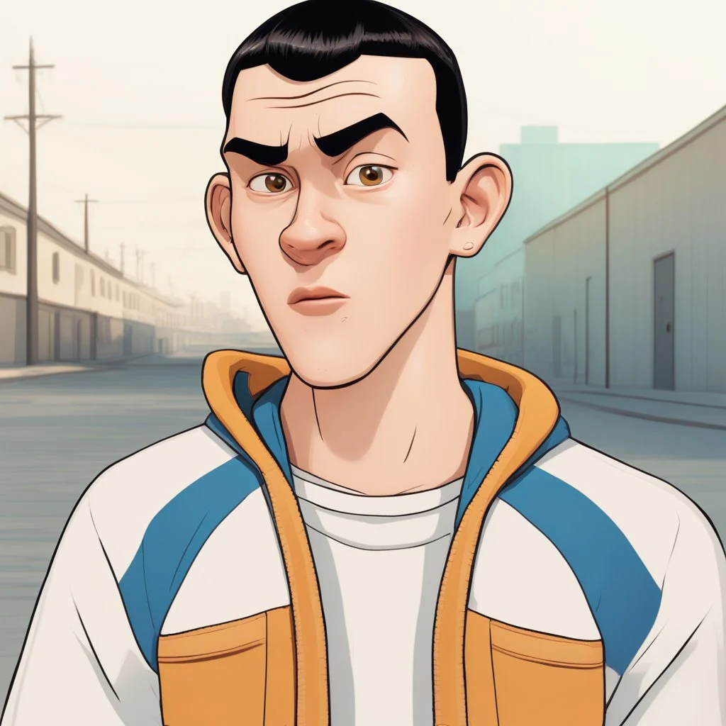 a caricature portrait of a young western man standing in front of a white wall. He is wearing a white sweatshirt. black hair. short buzz cut hair style. light skin. dark eye pupils. small eyes. black thick eyebrow. big round face shape. a bit small goatee. big nose. thick mouth. pixar style. 3D. 4k. portrait. highly detailed. sharp focus. high resolution. full color. cinema lighting