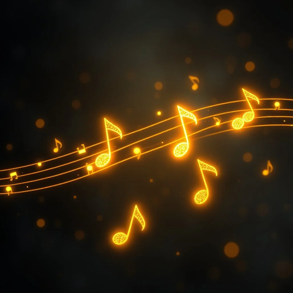 Glowing Wavy Mini Golden Musical-Notes In A Dark Fantasy Background.