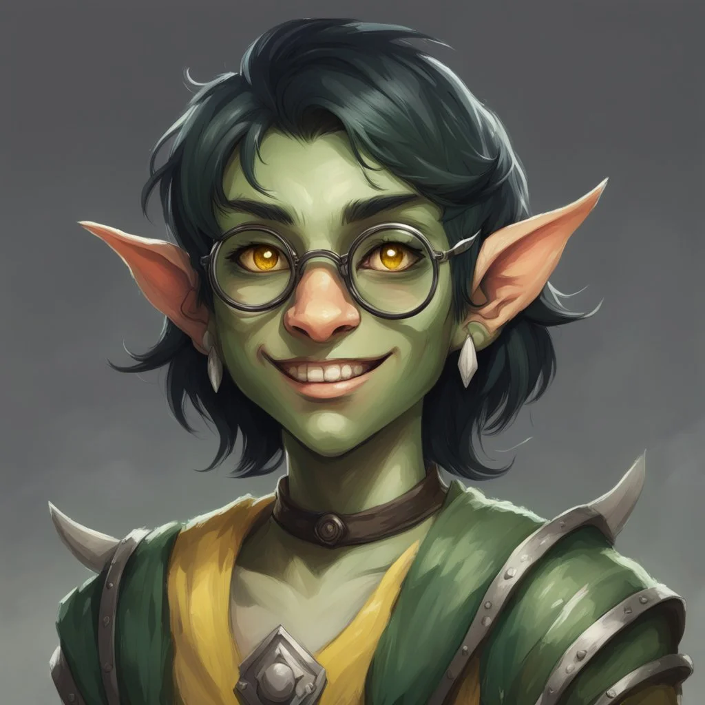 dnd, portrait of cute young orc-elf femboy, black hair, short hair, curled hair, hair covering one eye, emo hair, round glasses, tusks, sharp teeth, yellow eyes, flat chest, mage, magic, nose ring, pierced ears, twink, smile, sharp teeth, all green skin, round face, small nose, shy, green ears, green lips, green nose, black hair