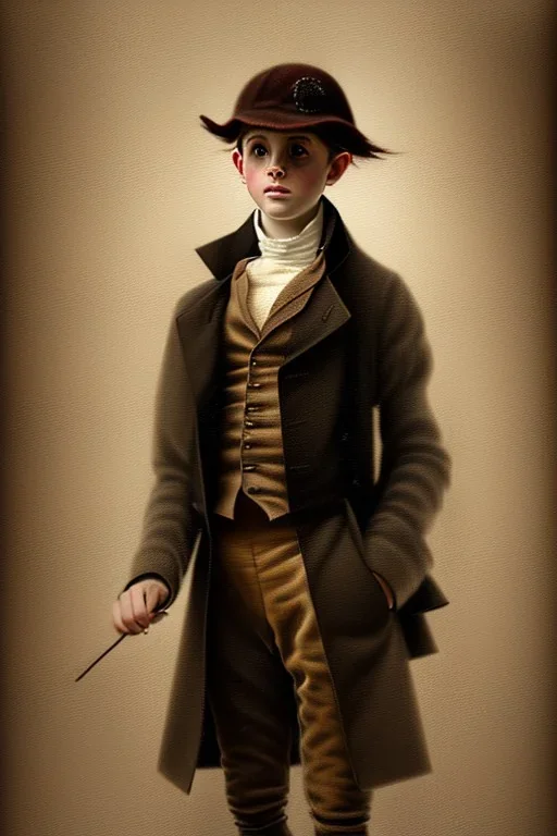 photorealistic oil painting of oliver twist, 1800s clothes, atmospheric lighting from street lamp, foggy morning