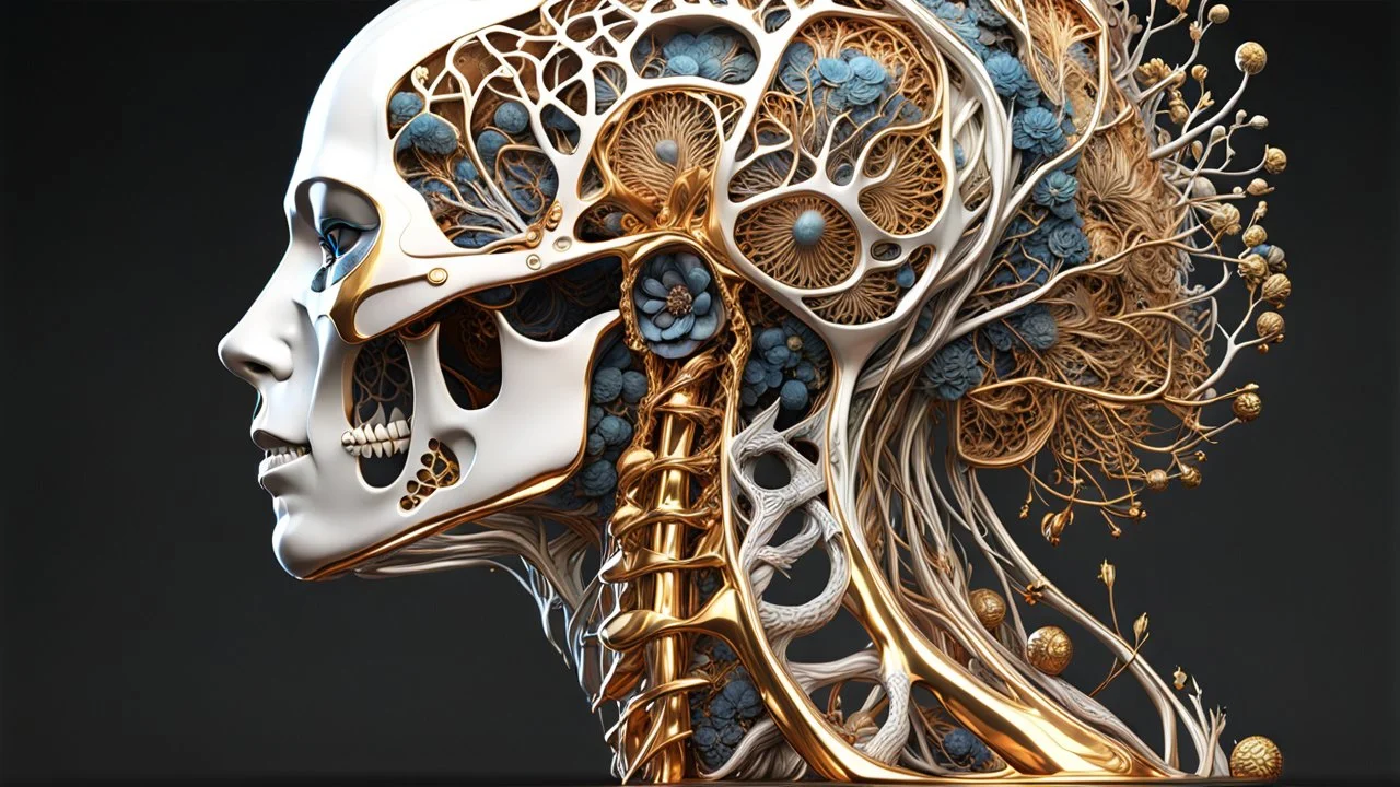 3D rendering of Expressively detailed and intricate of a hyperrealistic “human anatomy”: side view, scientific, single object, glossy white, shinning gold, vines, tribalism, black background, shamanism, cosmic fractals, octane render, 8k post-production, detailled metalic bones, dendritic, artstation: award-winning: professional portrait: atmospheric: commanding: fantastical: clarity: 16k: ultra quality: striking: brilliance: stunning colors: amazing depth