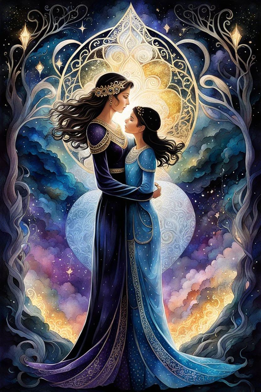 a younger girl and her older mother in an mystic of eight shining, glittery shadows shape, etheral, generations, love, embracing each other, touching, mystic relationship, expressive illustration of the mother-daughter relationship detailed matte painting, deep color, fantastical, intricate detail, splash screen, fantasy concept art, Gouache Style, Watercolor, Epic, Masterpiece, Thick Brush Strokes, Impasto Gouache, thick layers, Soft muted colors, beautiful details, spiritual design