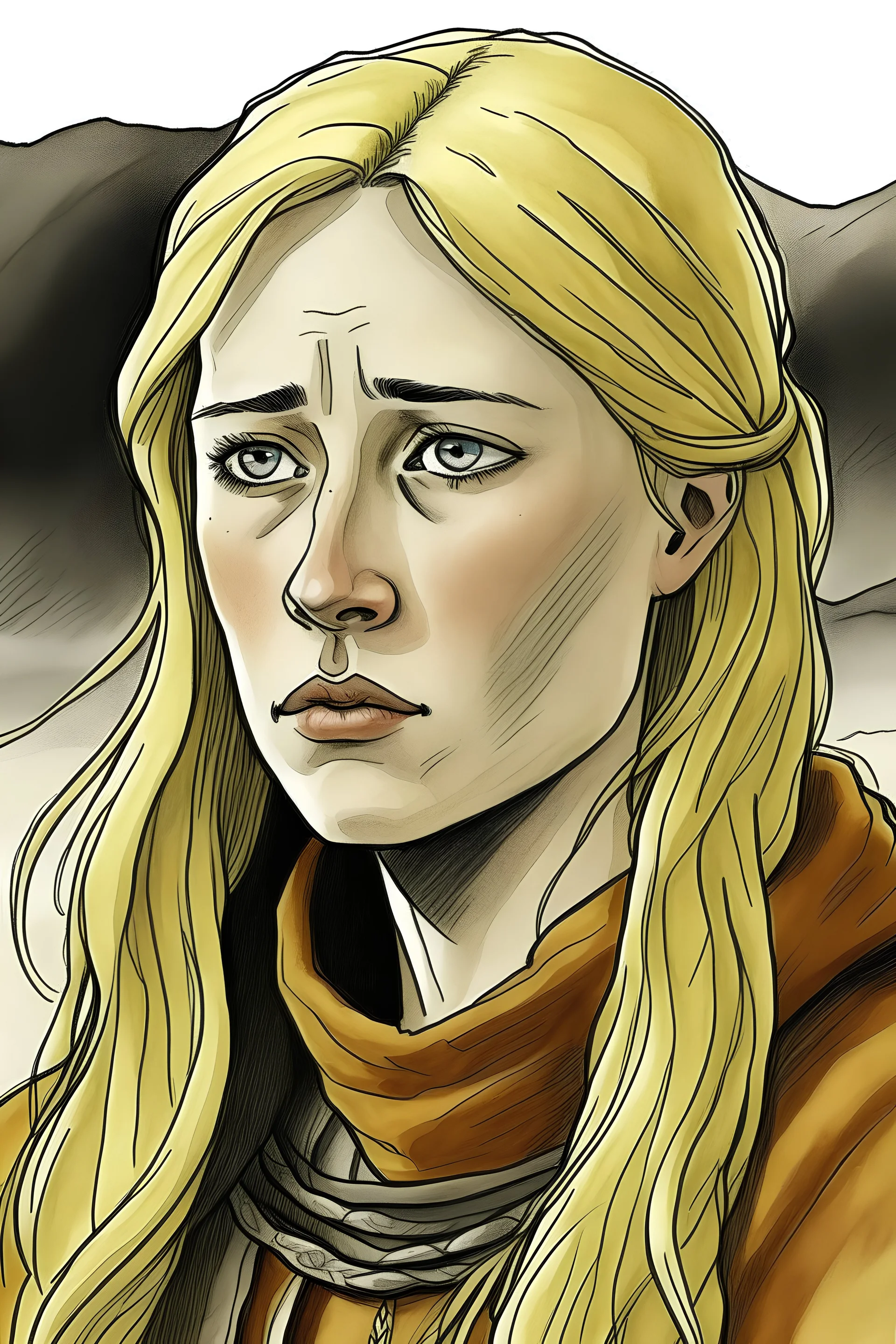 blonde Icelandic woman sad drawing coloured from ca 1000ad