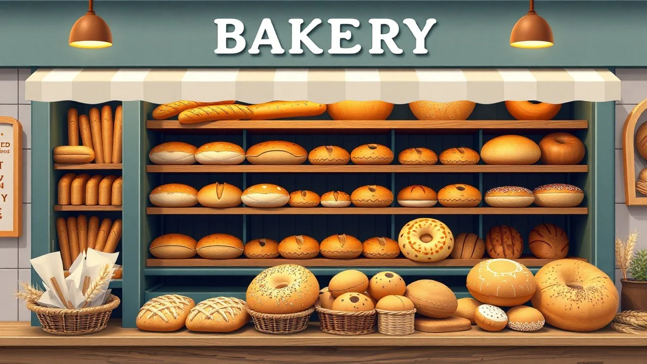 A design for a bakery shop that is filled with fancy breads, including baguette, sandwich, test, bagel, tortilla, white, and whole wheat, wheat ears, and sesame seeds.