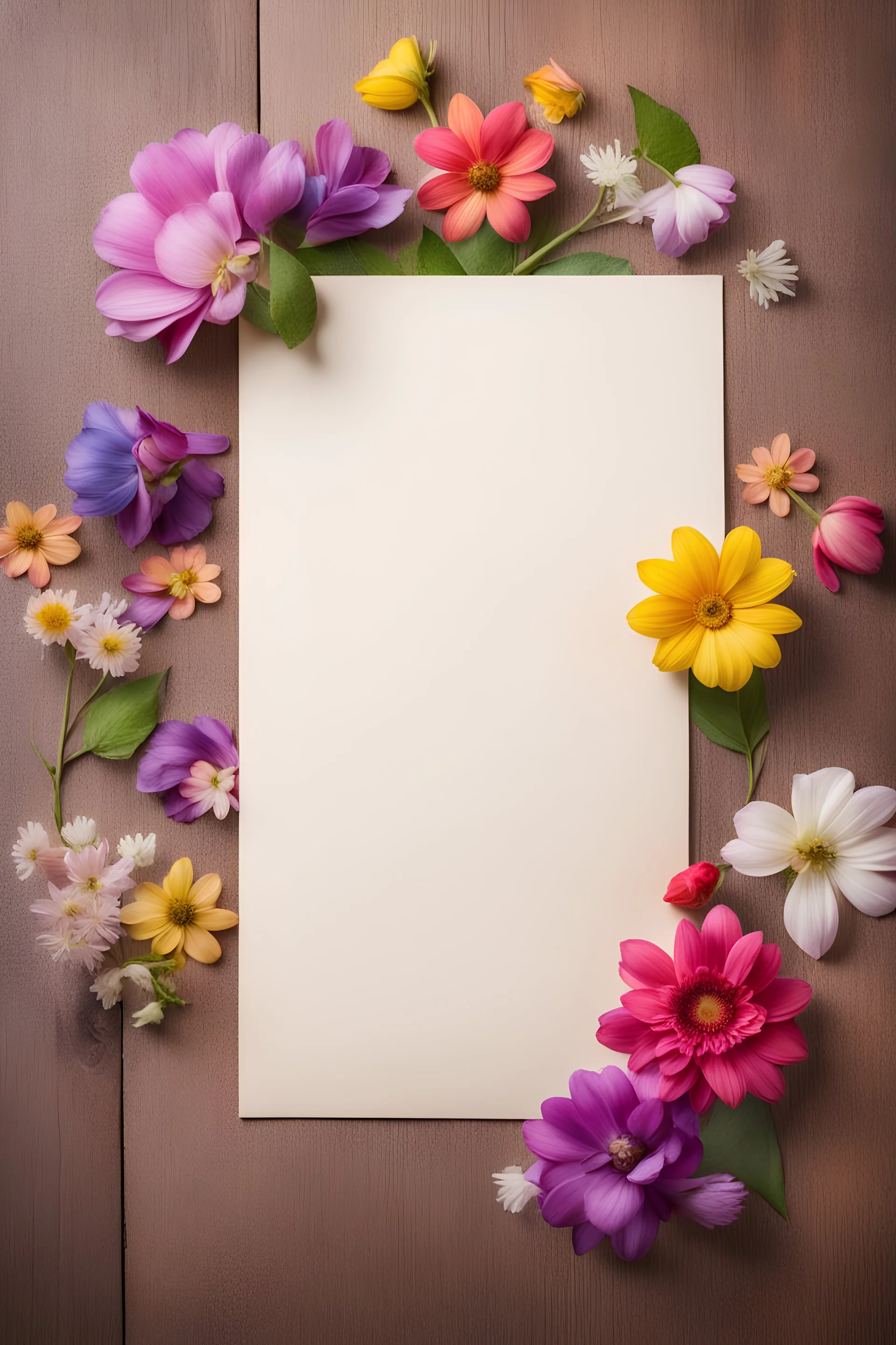 Colorful flowers and blank greeting card on wooden background with space for your greetings. Top view