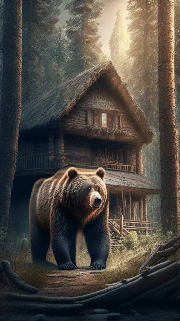 A cabin in the woods, a big brown bear, a movie scene, a more accurate picture hdr