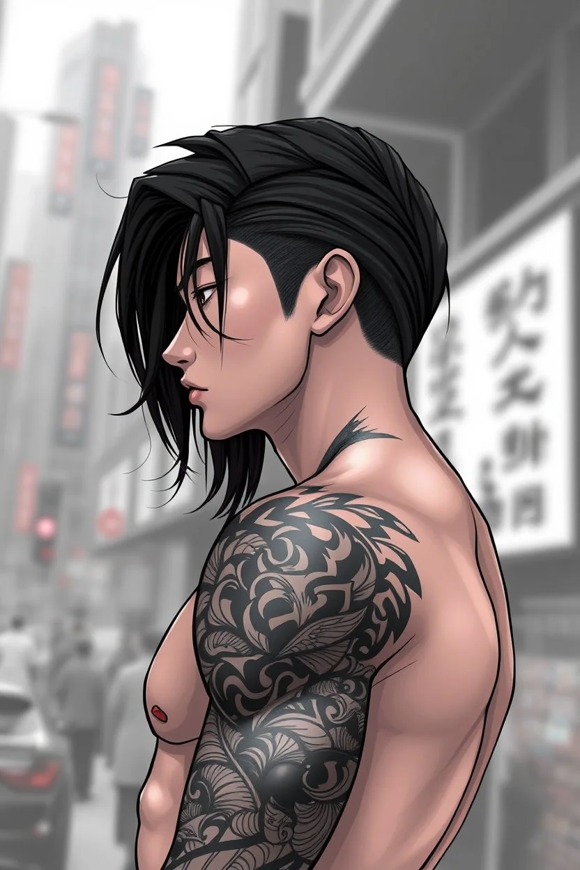 tattooed korean man, 3d anime, Asain man, nice profile, attraktive handsome, medium long black hair, hot body, body with tattoo, strong lines, deep dark colors, blur random city background, highly detailed, modern vibe, artwork, grayscale, no photorealism