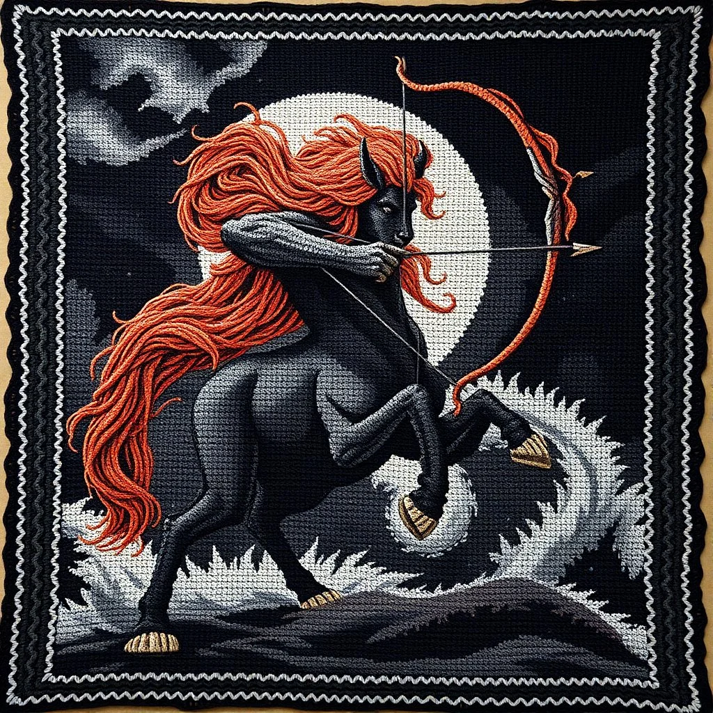 crochet yarn art, Crocheted blanket depicting a Male Centaur aiming a bow and arrow, extreme contrast, concept art, stunning, dramatic, intricate details, reminiscent of the stylized concept art of Ash Thorp, showcasing the beauty of crochet