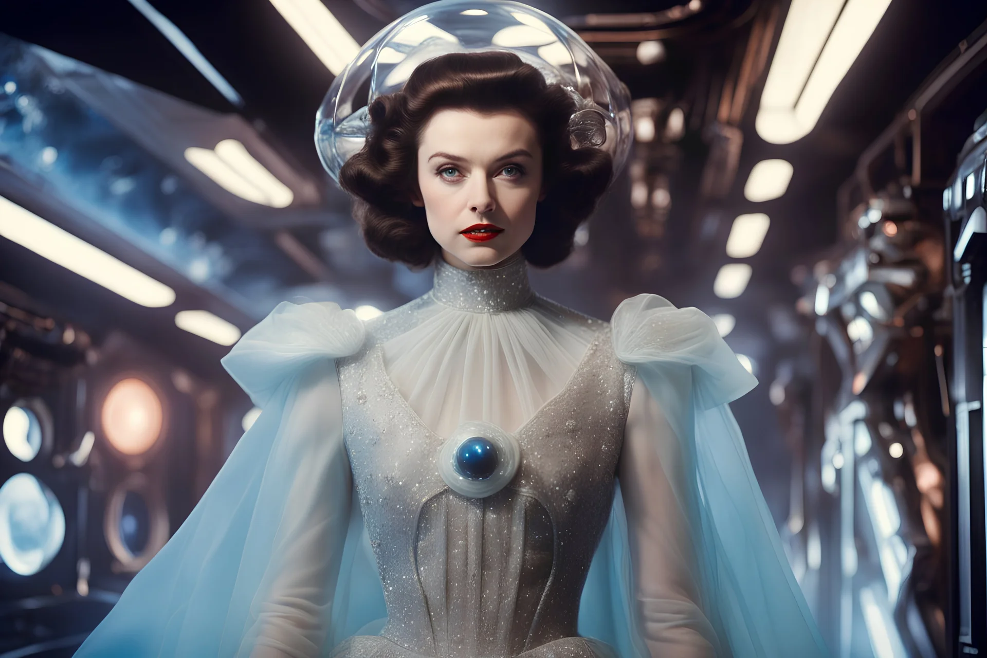 Austrian simbolism, hiper-realistic technicolor Vivien Leigh Princess wears a Star wars futuristic Surrealist organza velvet fashion gown, ornamental details, in space opera Stanley Kubrick movie style