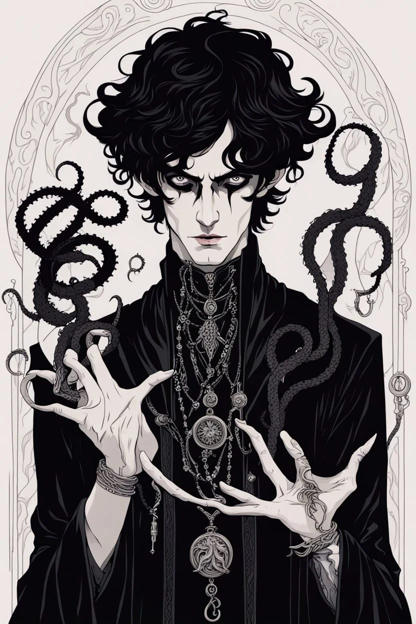 black haired young man necromancer wizard with gothic jewelry and tentacle fingers in the style of Aubrey Beardsley