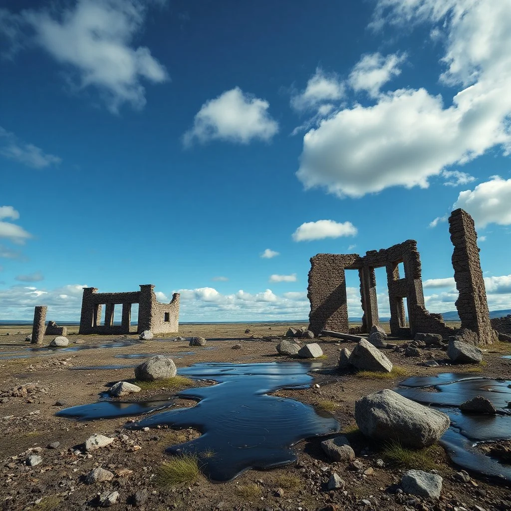 Photography of a landscape with massive nothingness, ruins, surrealism, glossy, organic, hbgf, Joan Miró, strong texture, fiotti di liquido nero, panic, obsessive, hypnotic, rotten, blue sky, clouds, hasselblad h6d400c --ar 85:128 --v 6.0