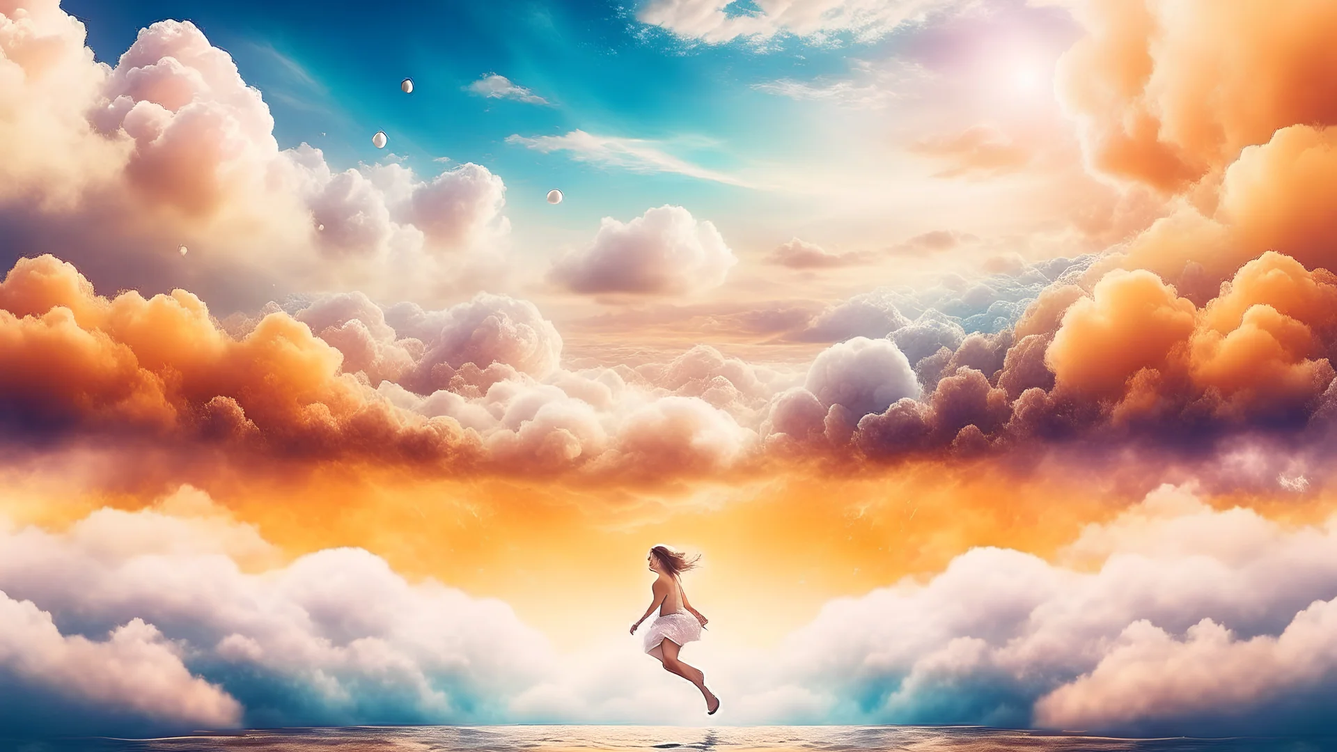 A mesmerizing scene depicting a person gracefully floating through a surreal dreamscape, surrounded by ethereal clouds and vibrant colors, as if weightless and immersed in a fantasy realm. The dream-like atmosphere creates a sense of tranquility and wonder, with hints of whimsy and mystery unveiling a world beyond the ordinary. The composition is filled with soft lighting, diffused rays of sunlight, and a touch of mist, evoking a sense of enchantment and otherworldliness.