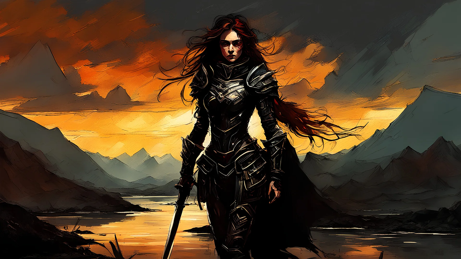 A formidable warrior girl in black armor, on the background Amazing gloomy landscape, flooded with sunset, mountains, trees, fabulous scary hero, , juicy emotions, painting, dark fantasy, gloomy day, dark world, portrait, by Leonid Afremov & Benedick Bana & Atelier Olschinsky & Ian McQue