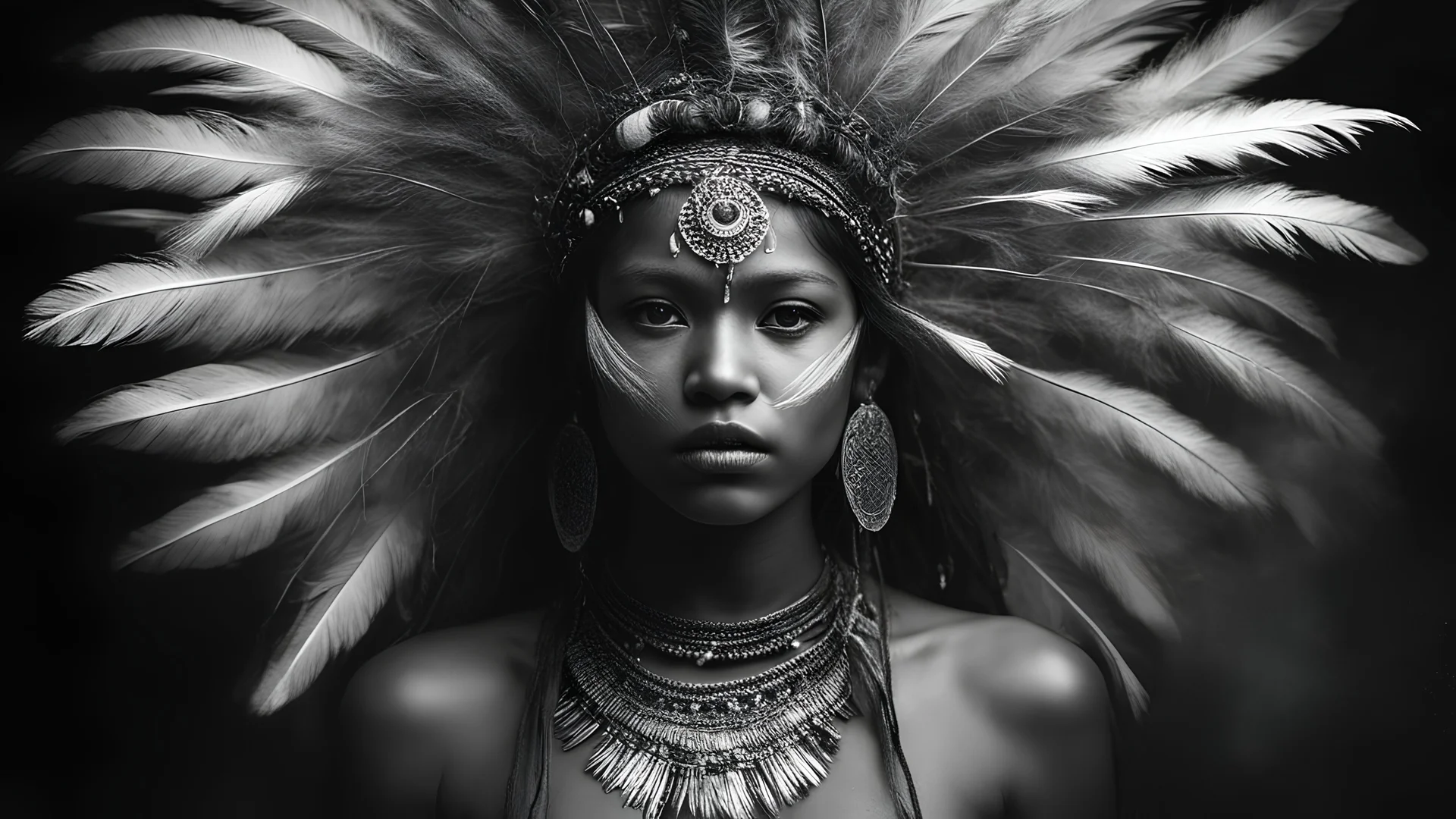 Photoreal unearthly gorgeous indigenous godlike mayan girl adorned in clothes adorned with feathers that flutter with every step exuding beauty and hair cascading down her back like a waterfall of obsidian and eyes holding a spark of wild intelligence on an old ship shrouded in extreme pitch black darkness by lee jeffries, otherworldly creature, in the style of fantasy movies, shot on Hasselblad h6d-400c, zeiss prime lens, bokeh like f/0.8, tilt-shift lens