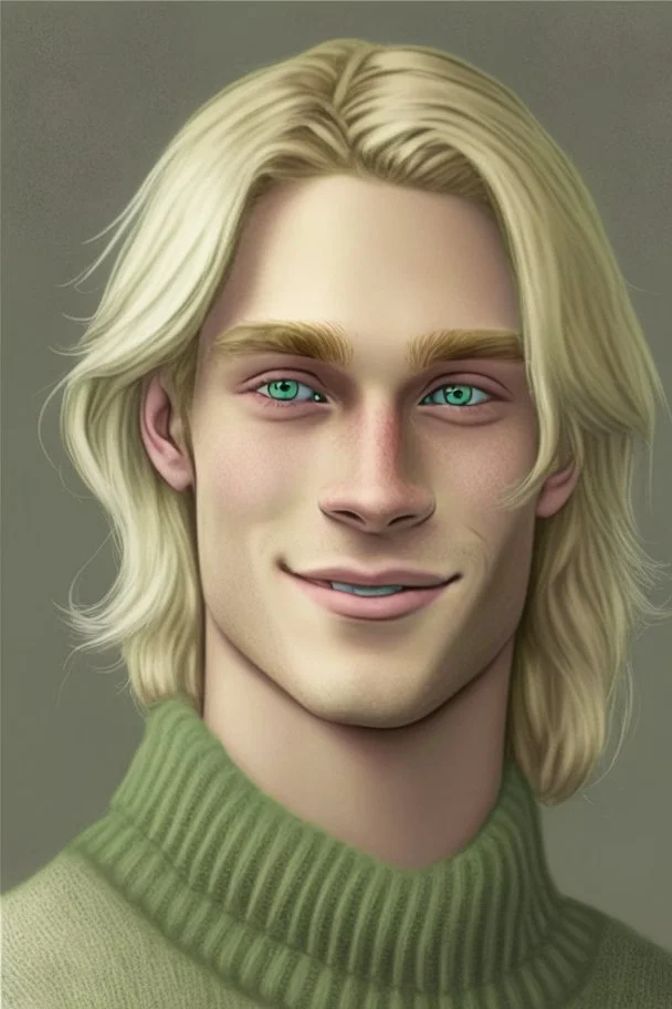 Realistic young man, longish blond hair, droopy green eyes, angular facial feature, grey sweater, white skin, gentle smile