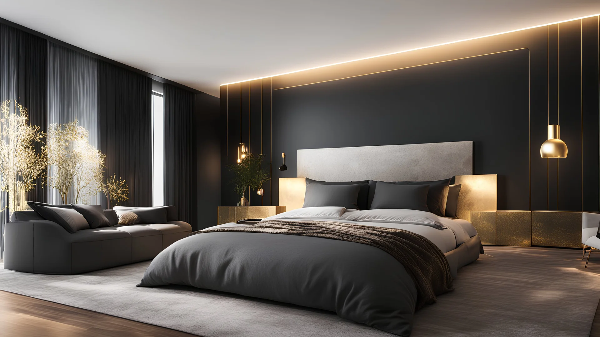 Modern Master Bedroom. Detailed. Rendered in Unity. Gold Lighting. Black theme. add windows. add couch. add night stands.