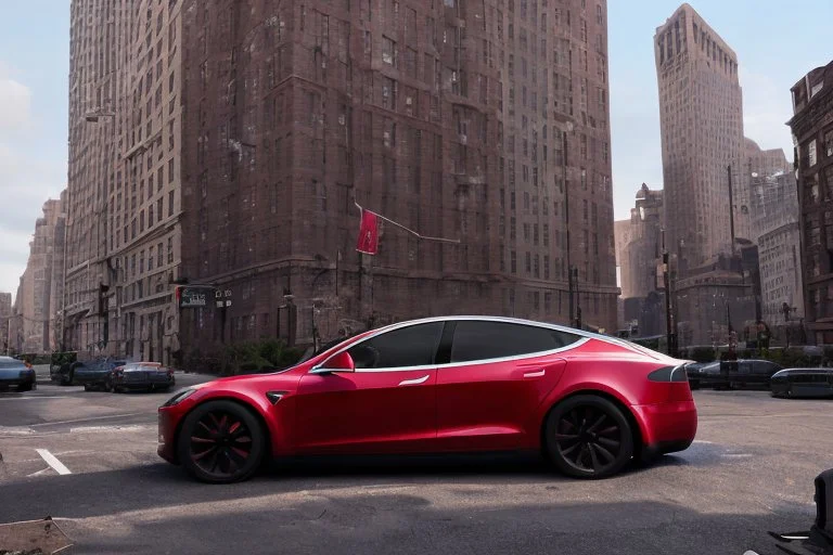 A Tesla 'Model S' is parked, near the Flatiron Building in Manhattan. (CINEMATIC, WIDE ANGLE LENS, PHOTO REAL)