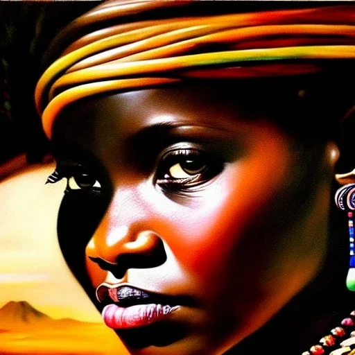 Drawing of 'woman from Himba tribe',sweet stare,painting by Earl Norem, simon Bisley,frazetta,西嘛哒, evan lee, Vallejo,kelly,Paul Gauguin oil on canvas, cinematic composition, extreme detail,fit full head inside picture,8k