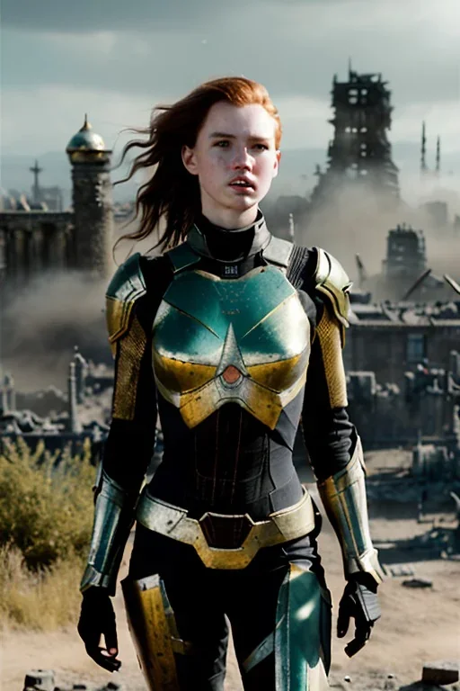 ultrarealistic, ruined city,__skimpy sci-fi armor__, __angles__, 18 year old woman, strikingly beautiful,ginger hair, _colour_, [__starlets__|__starlets__], (pale __skincolor__ skin:1.2), __camera__, _hair_, detailed face and eyes, medium breasts, leather choker, freckles, dynamic pose, resolved expression, __accessory__, strappy outfit, (straps:1.1), sword in scabard on left hip, (buckles, buttons, snaps, rings:1.0), haltertop style breastplate, detailed eyes, plump lips, sci-fi theme